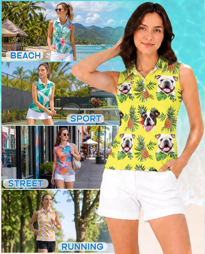 English Bulldog Tropical Sleeveless Polo Shirt for Women | Azhawaiian