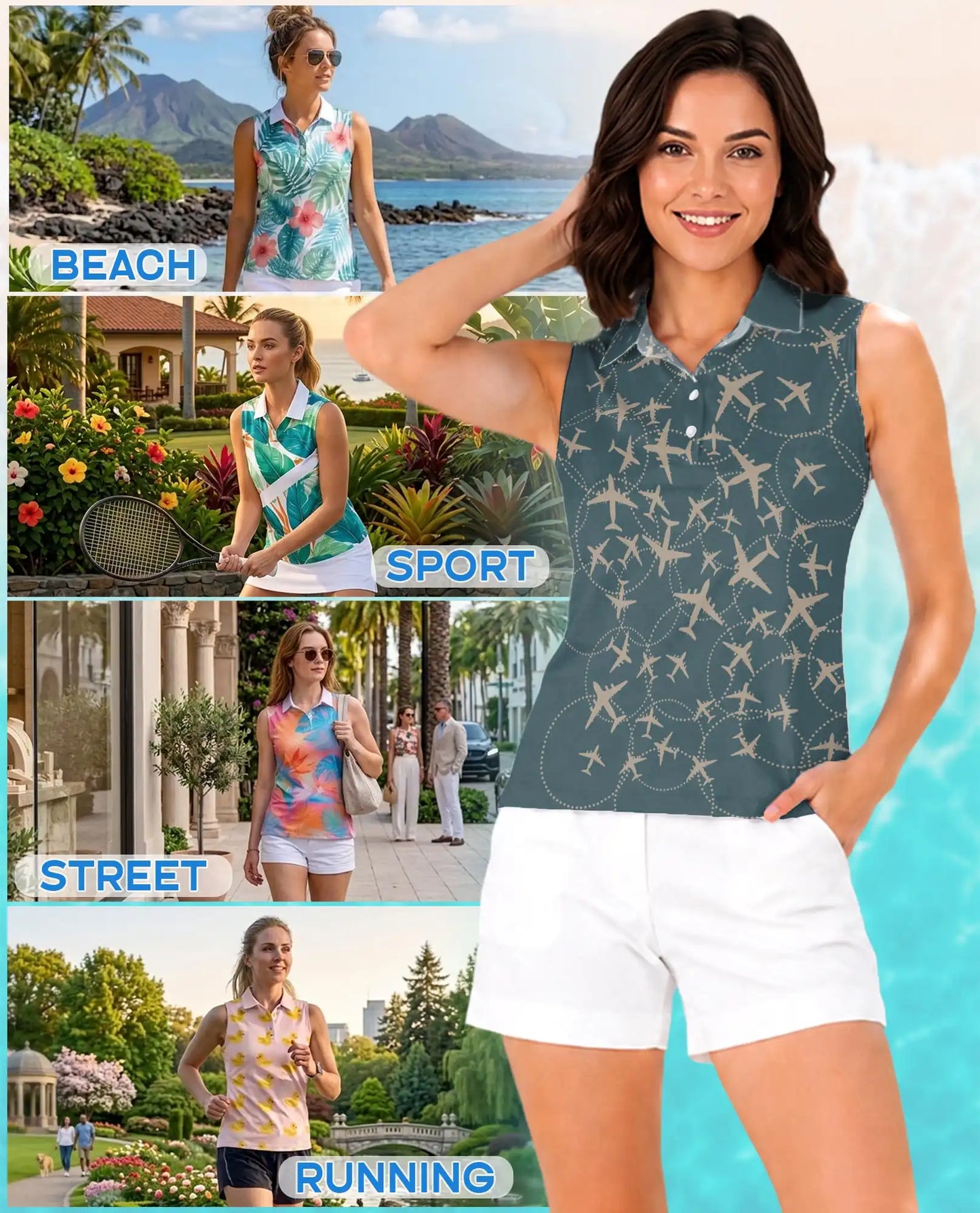 Airplane Sleeveless Polo Shirt for Women, Travel Lover Style | Azhawaiian