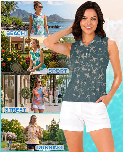 Airplane Sleeveless Polo Shirt for Women, Travel Lover Style | Azhawaiian