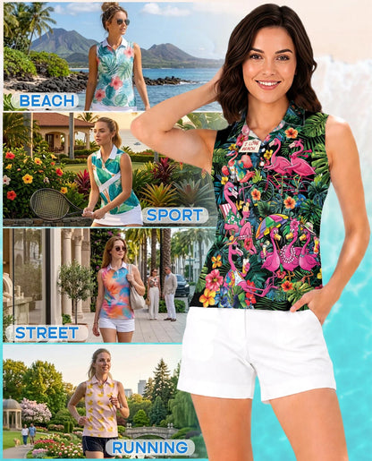 Aloha Flamingo 3D Tropical Sleeveless Polo Shirt for Women | Azhawaiian