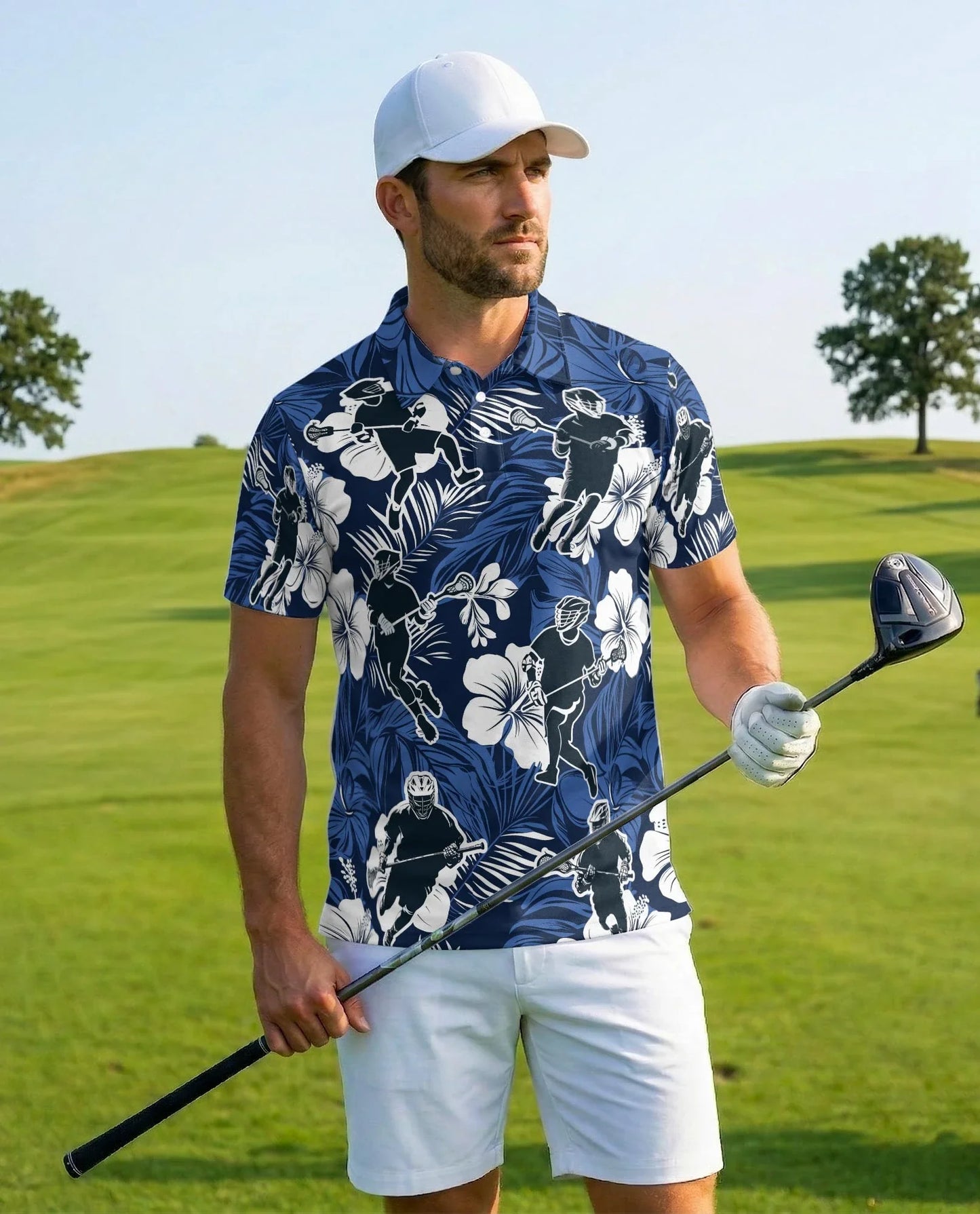 Blue Black Lacrosse Tropical Polo Shirt for Men, Sporty Island Style | Azhawaiian