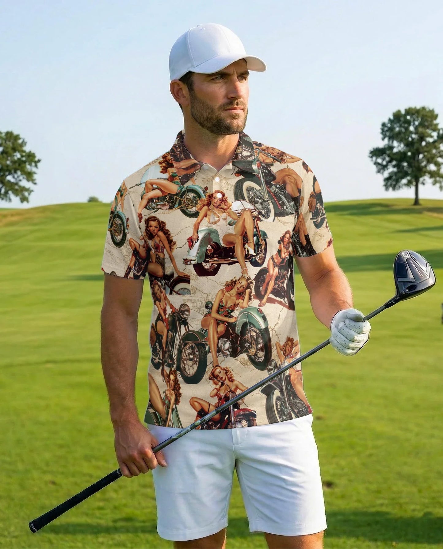 Girls on Motorcycles Polo Shirt for Men, Vintage Biker Style | Azhawaiian