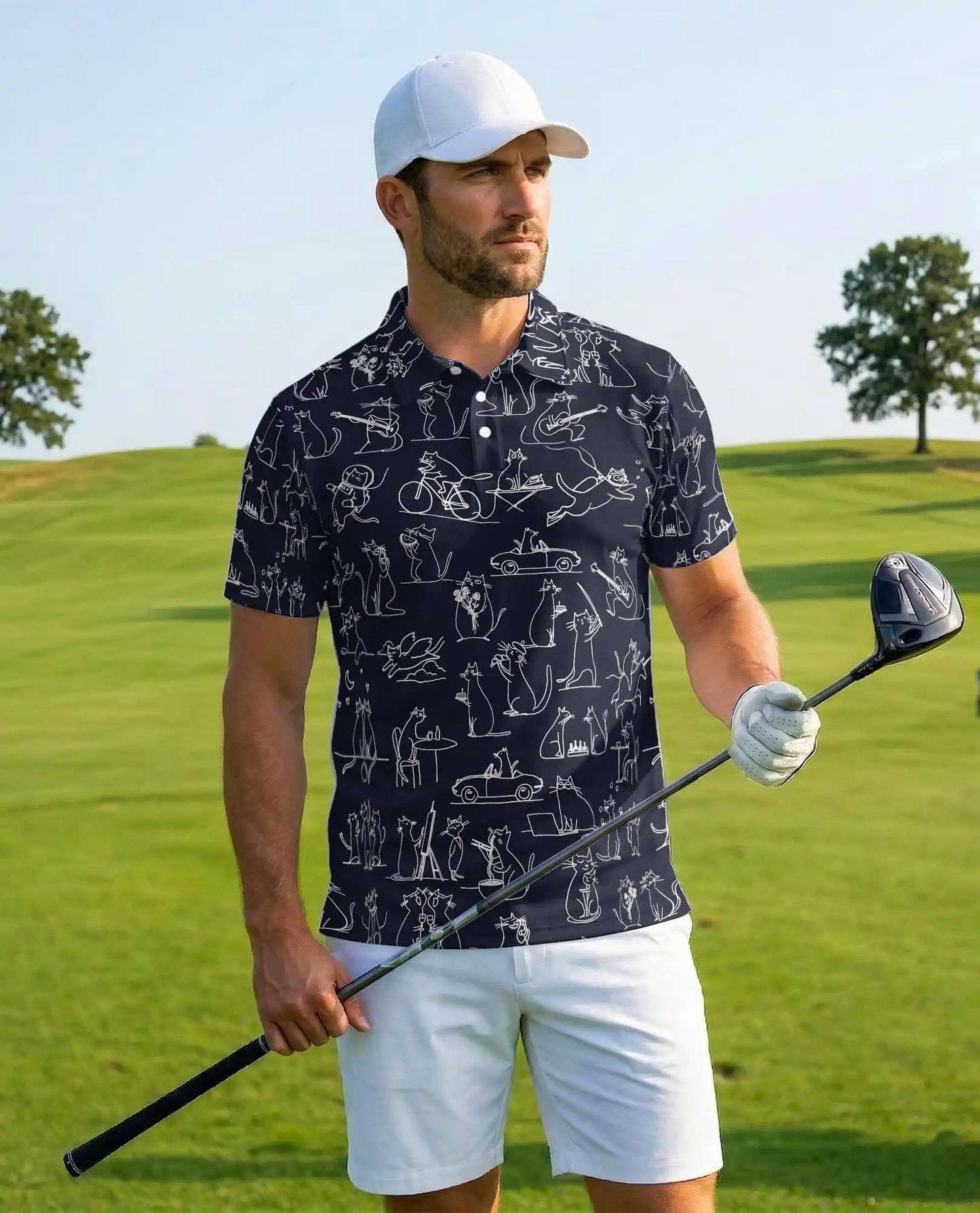 Funny Cat Doodle Polo Shirt - Whimsical Feline Sketch Style | Azhawaiian