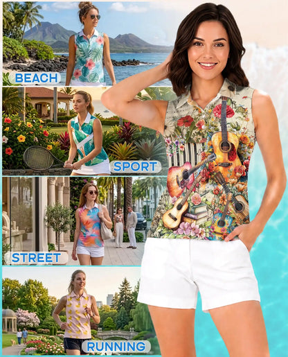 Vintage Flower Ukulele Sleeveless Polo Shirt for Women, Boho Music Style | Azhawaiian