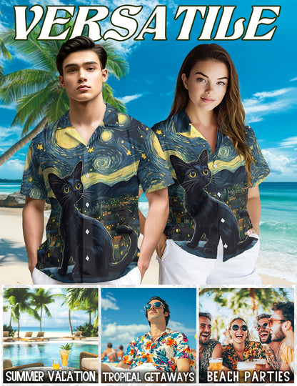 Starry Night Cat Hawaiian Shirt for Men, Button Down Aloha Shirt - Azhawaiian