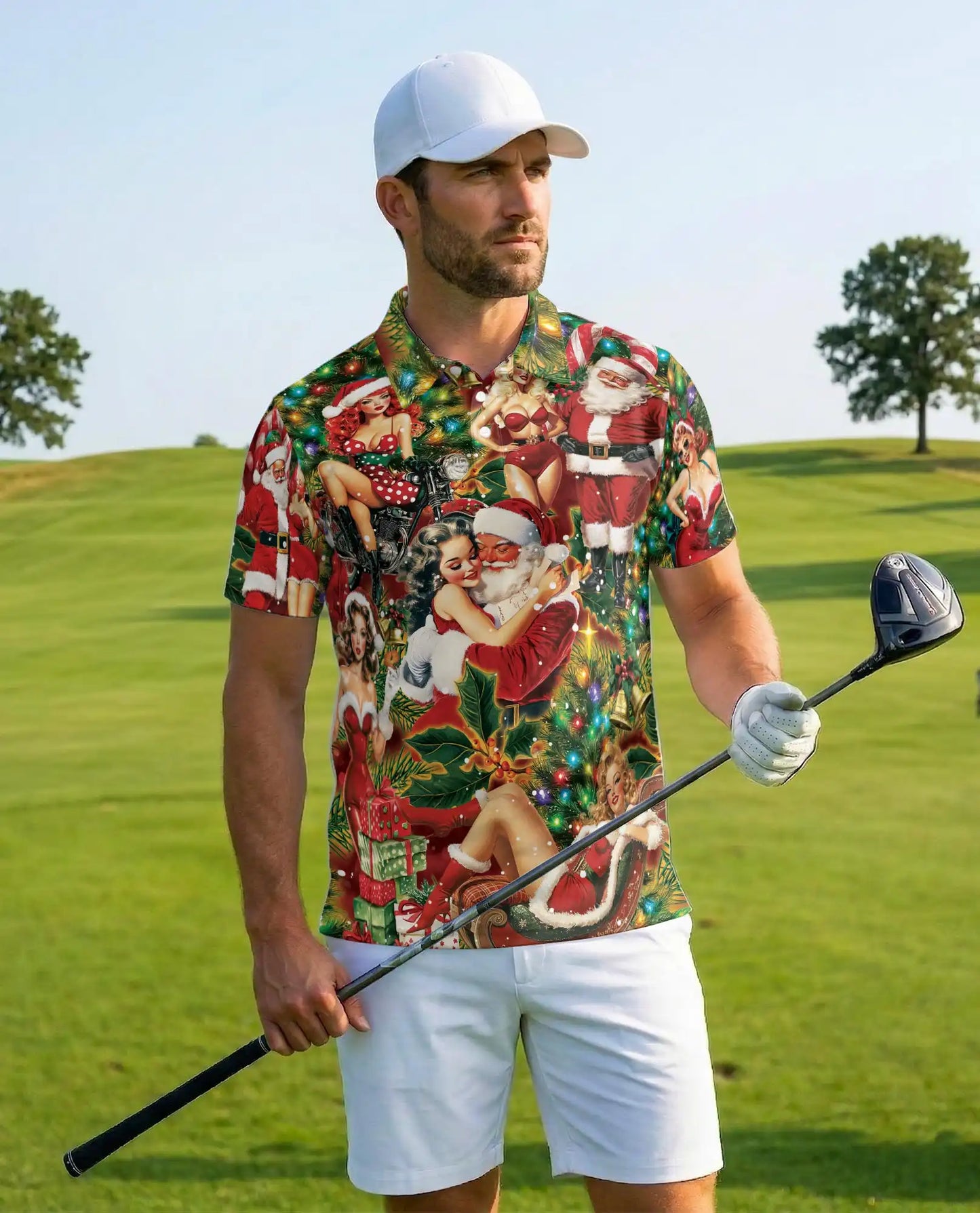 Vintage Santa Pin Up Polo Shirt - Retro Christmas Party Style | Azhawaiian