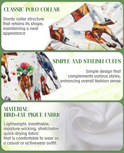 Watercolor Horse Racing 3D Polo Shirt for Men, Jockey Derby Sports Style | Azhawaiian