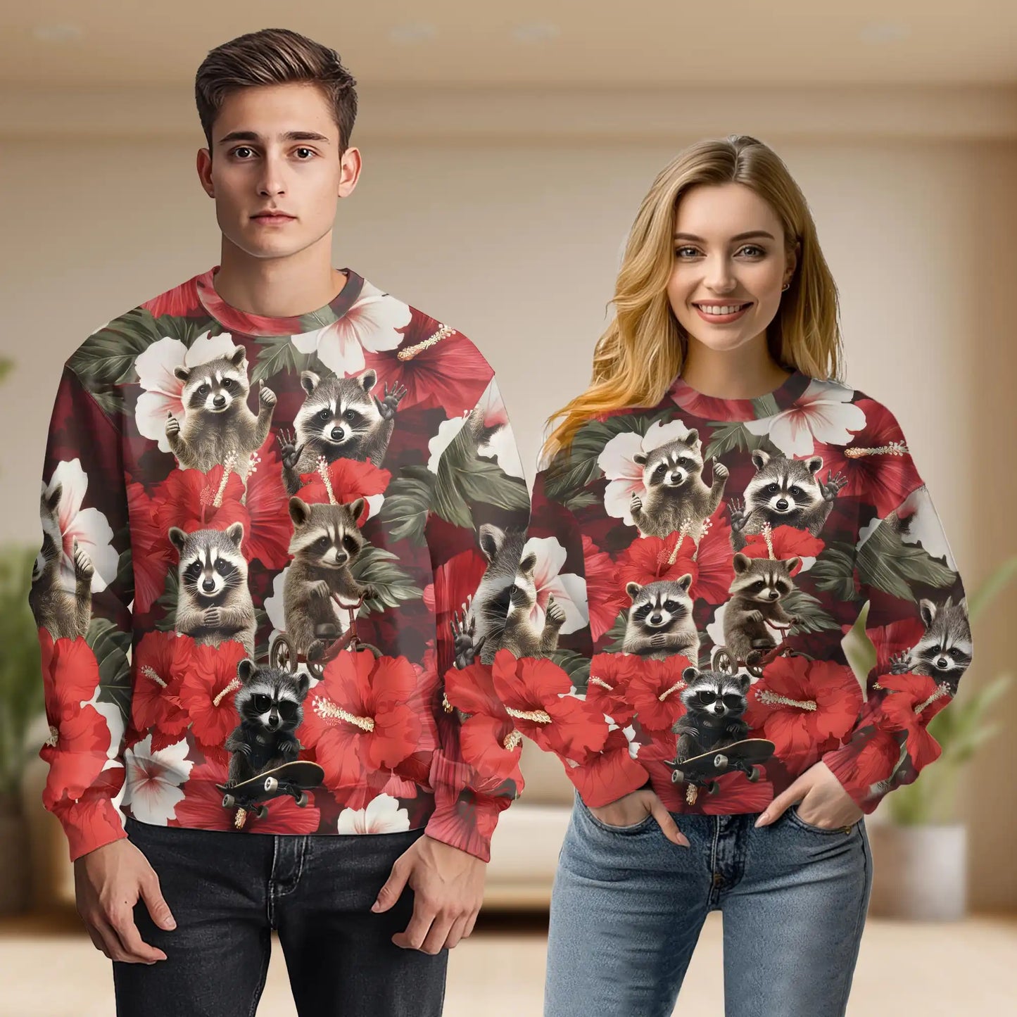 Tropical Hibiscus Raccoon Sweatshirt – Tropical 3D All Over Print Design