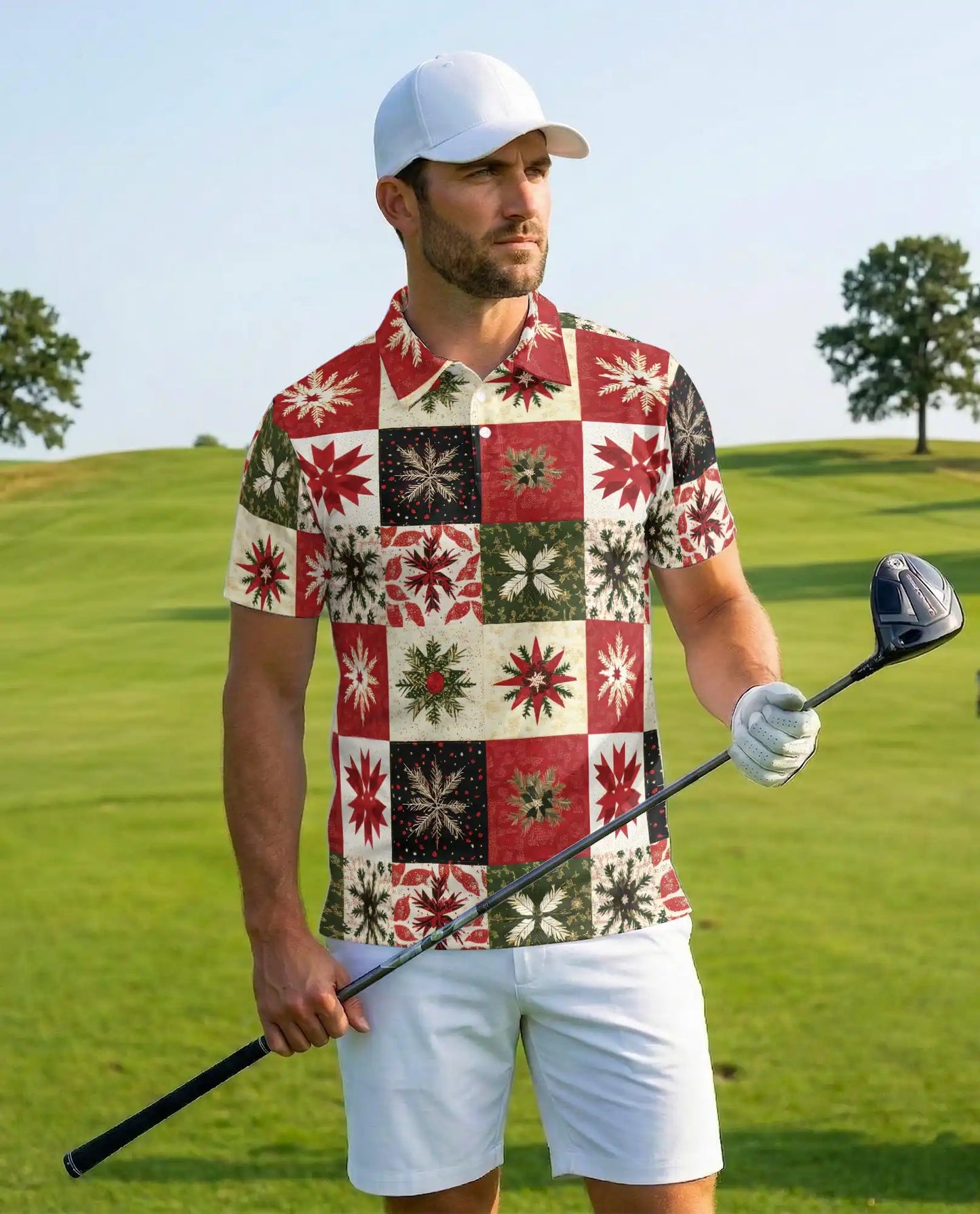 Christmas Quilt Polo Shirt, Festive Snowflake Print | Azhawaiian