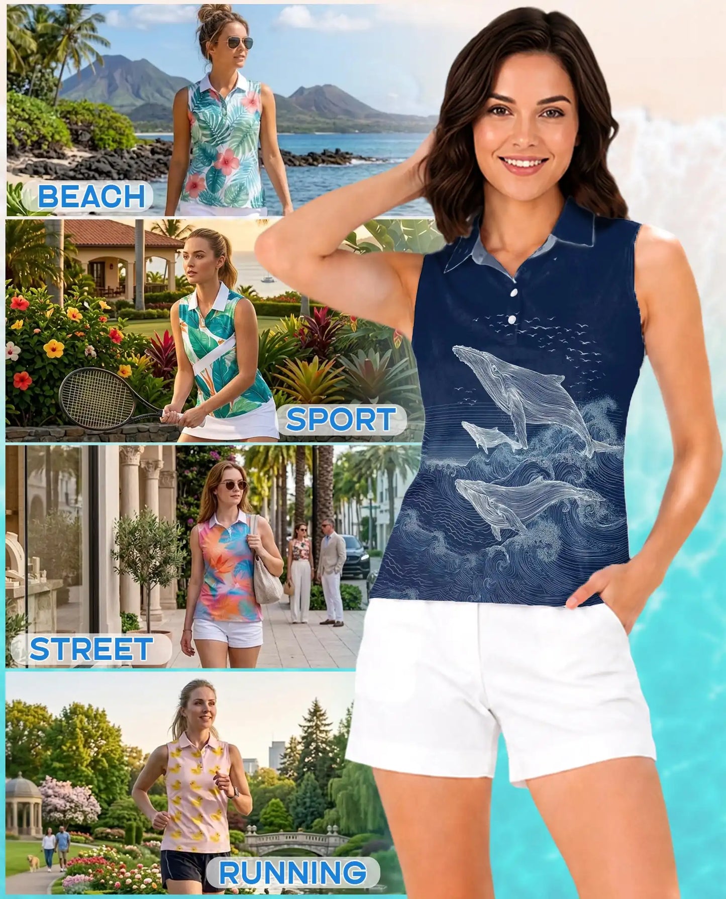 Humpback Whale Ocean Sleeveless Polo Shirt for Women