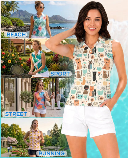Cat Abstract Trees and Flowers Sleeveless Polo Shirt for Women | Azhawaiian