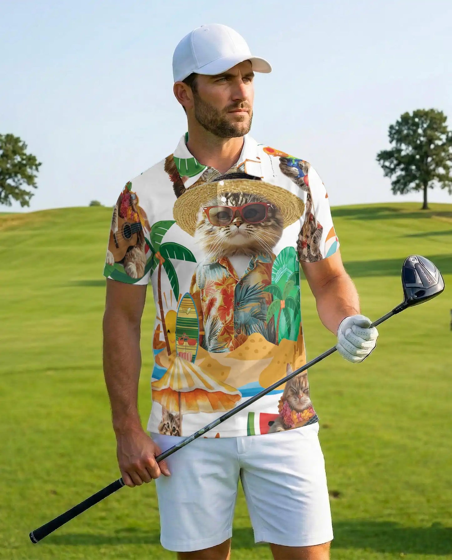 Funny Beach Cat Polo Shirt - Tropical Hawaiian Vacation Kitty Design | Azhawaiian