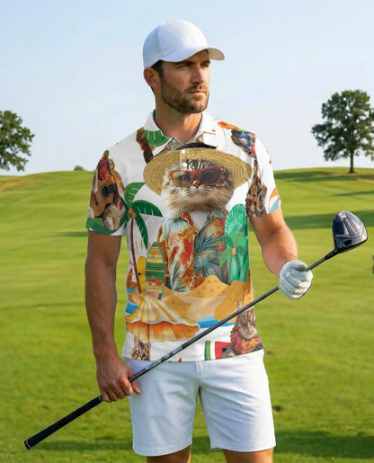 Funny Beach Cat Polo Shirt - Tropical Hawaiian Vacation Kitty Design | Azhawaiian