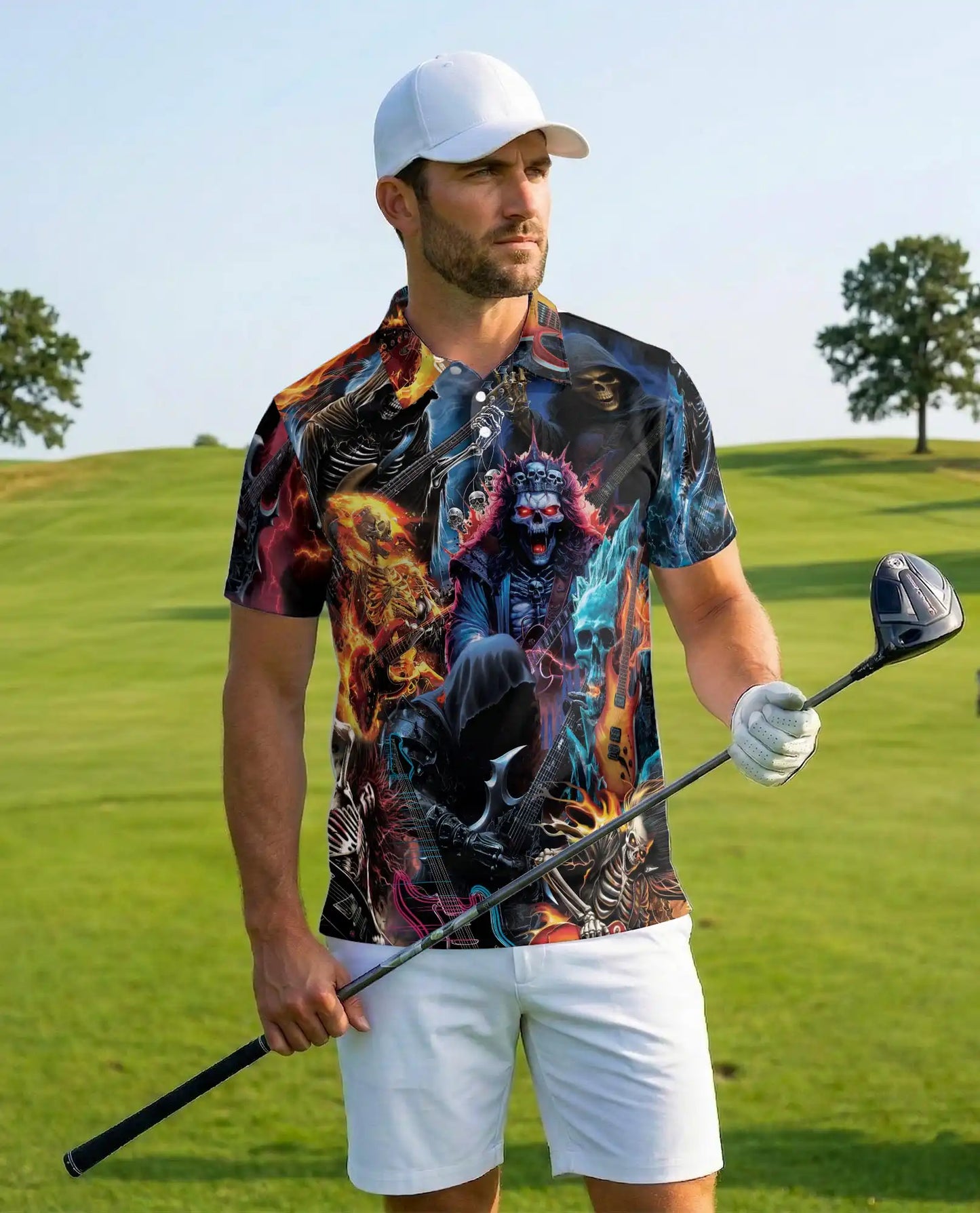 Gothic Skeleton Polo Shirt for Men, Dark Fantasy Casual | Azhawaiian