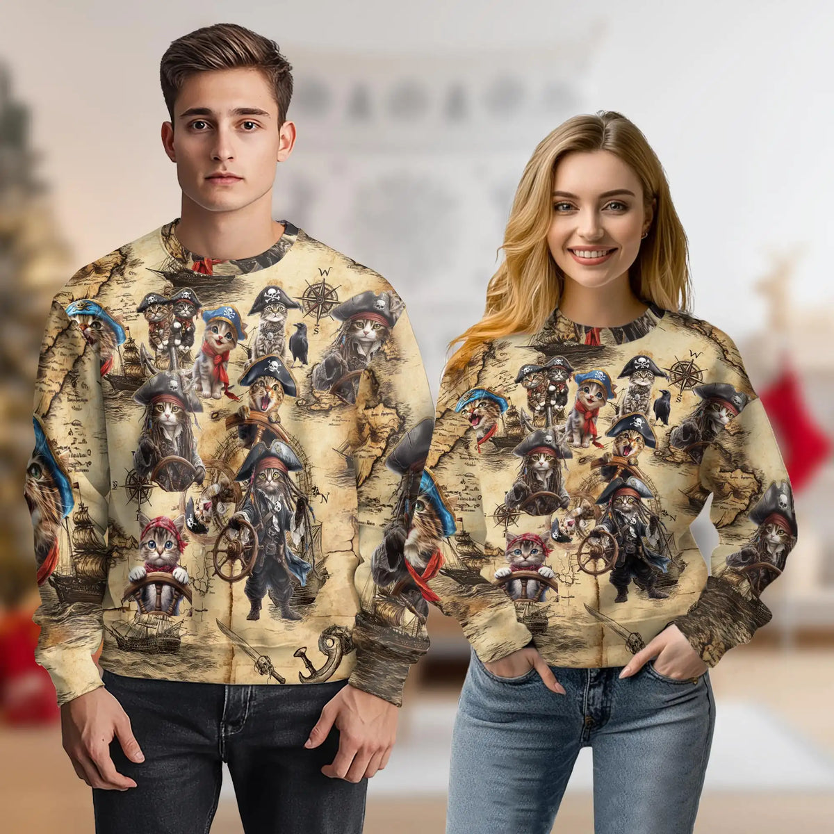 Colorful Pirate Cat Sweatshirt – Colorful Graphic 3D All Over Print Design