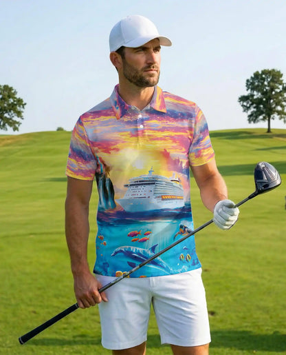 Tropical Cruise Ship Polo Shirt, Ocean Sunset Vacation Style | Azhawaiian