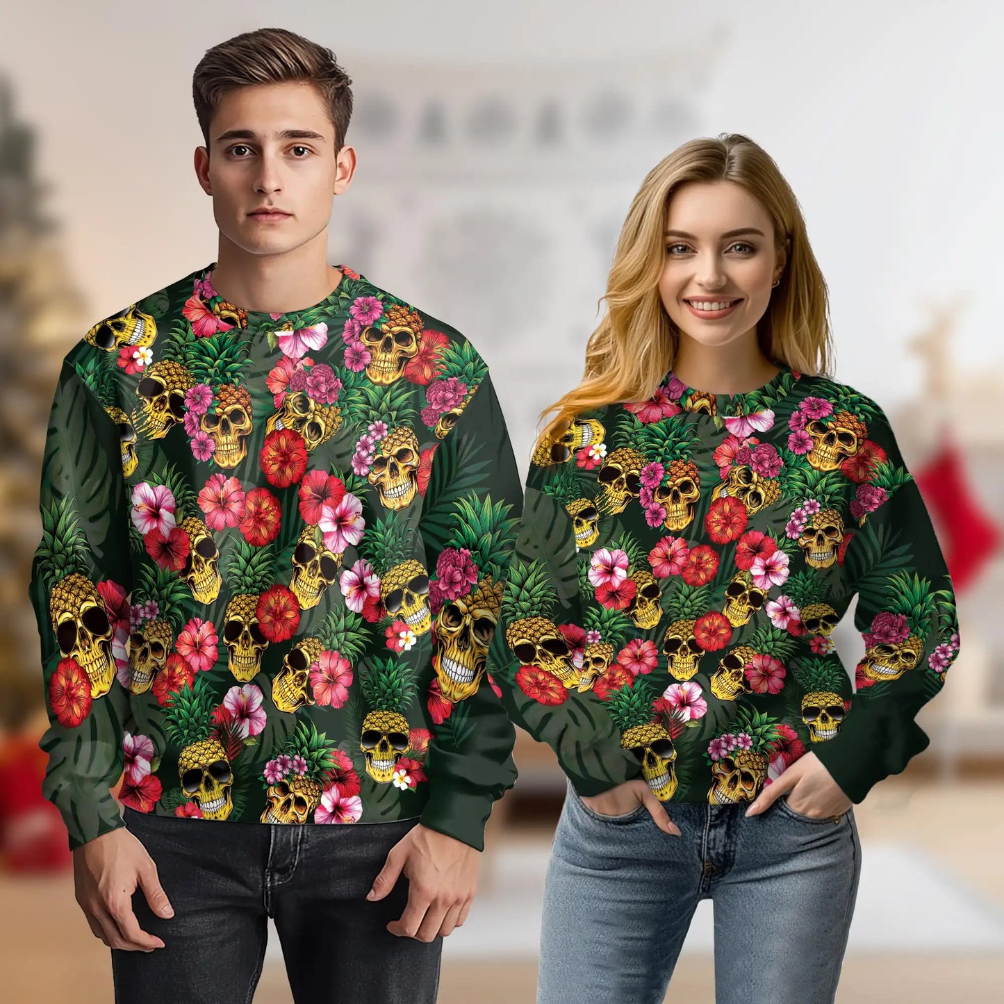 Pineapple Skull Hibiscus Sweatshirt – Tropical 3D All Over Print Design