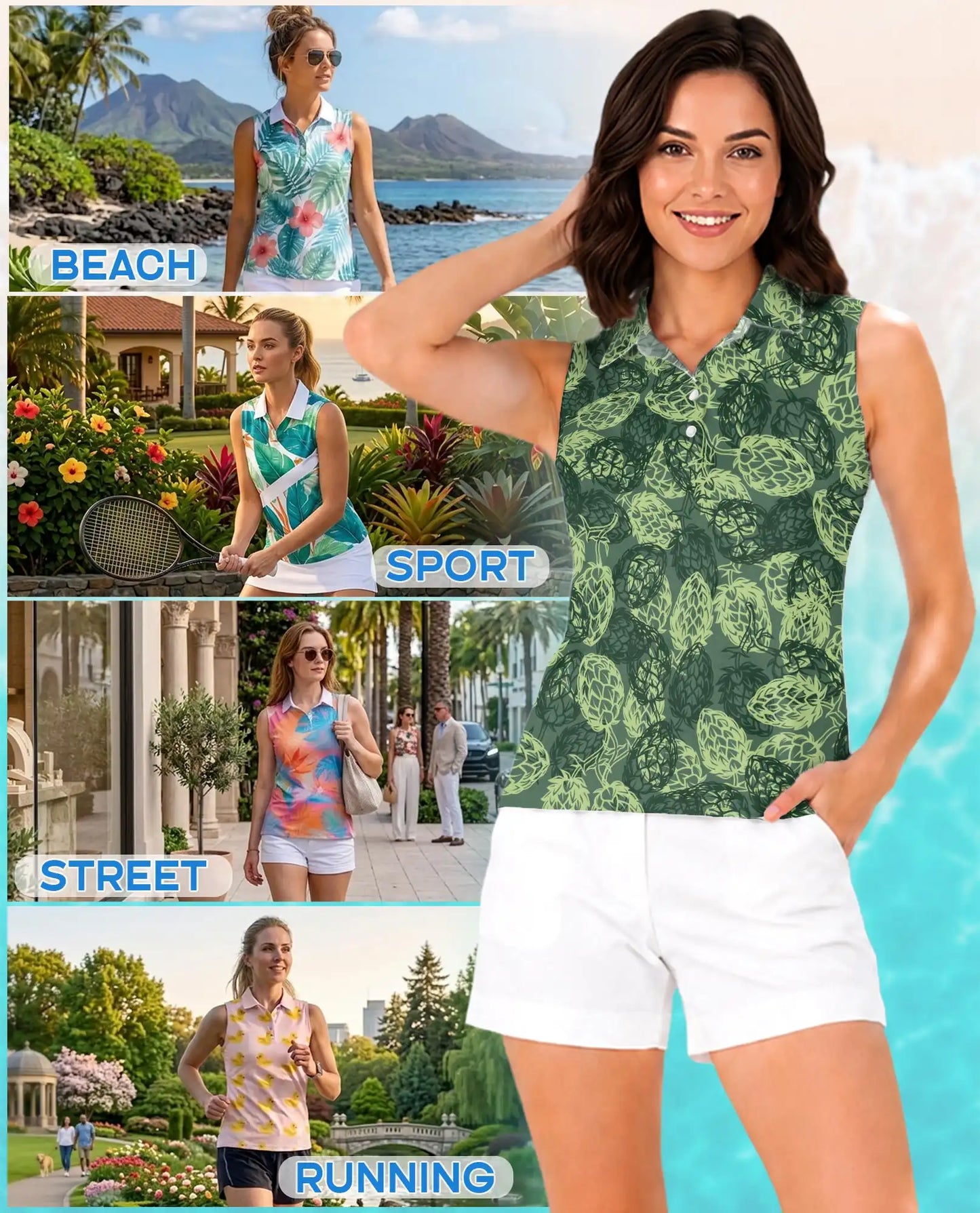 Hops Pattern Sleeveless Polo Shirt for Women, Botanical Craft Style | Azhawaiian