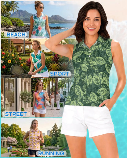 Hops Pattern Sleeveless Polo Shirt for Women, Botanical Craft Style | Azhawaiian