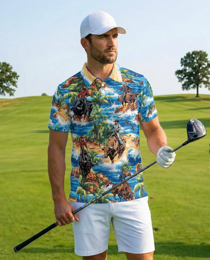 Tropical Rodeo Polo Shirt for Men - Cowboy Bull Riding | Azhawaiian