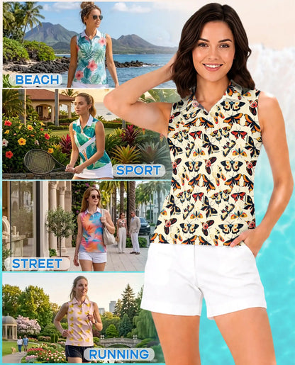 Vintage Butterfly Sleeveless Polo Shirt for Women, Retro Nature Style | Azhawaiian