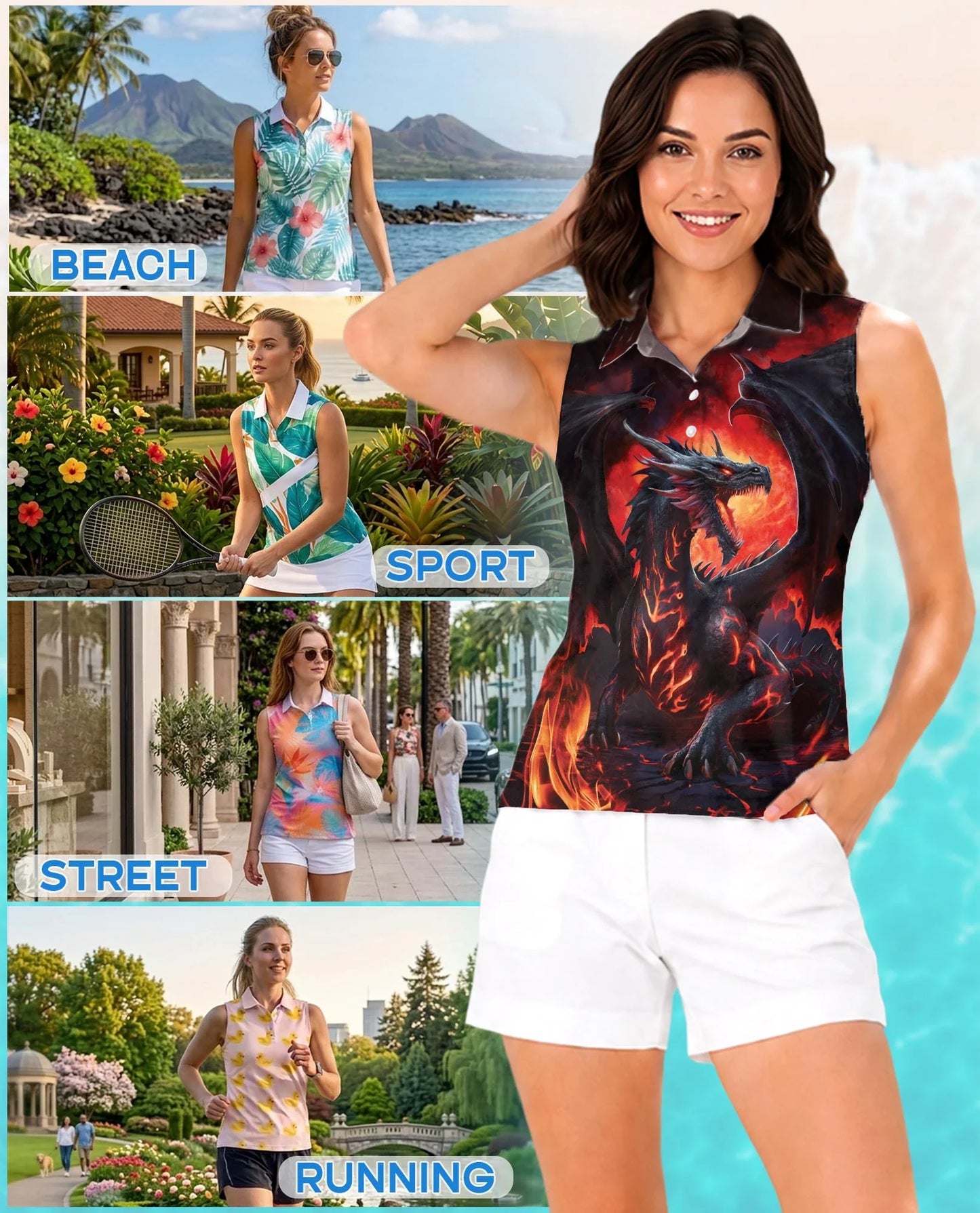 Mythical Dragon Sleeveless Polo Shirt for Women | Azhawaiian
