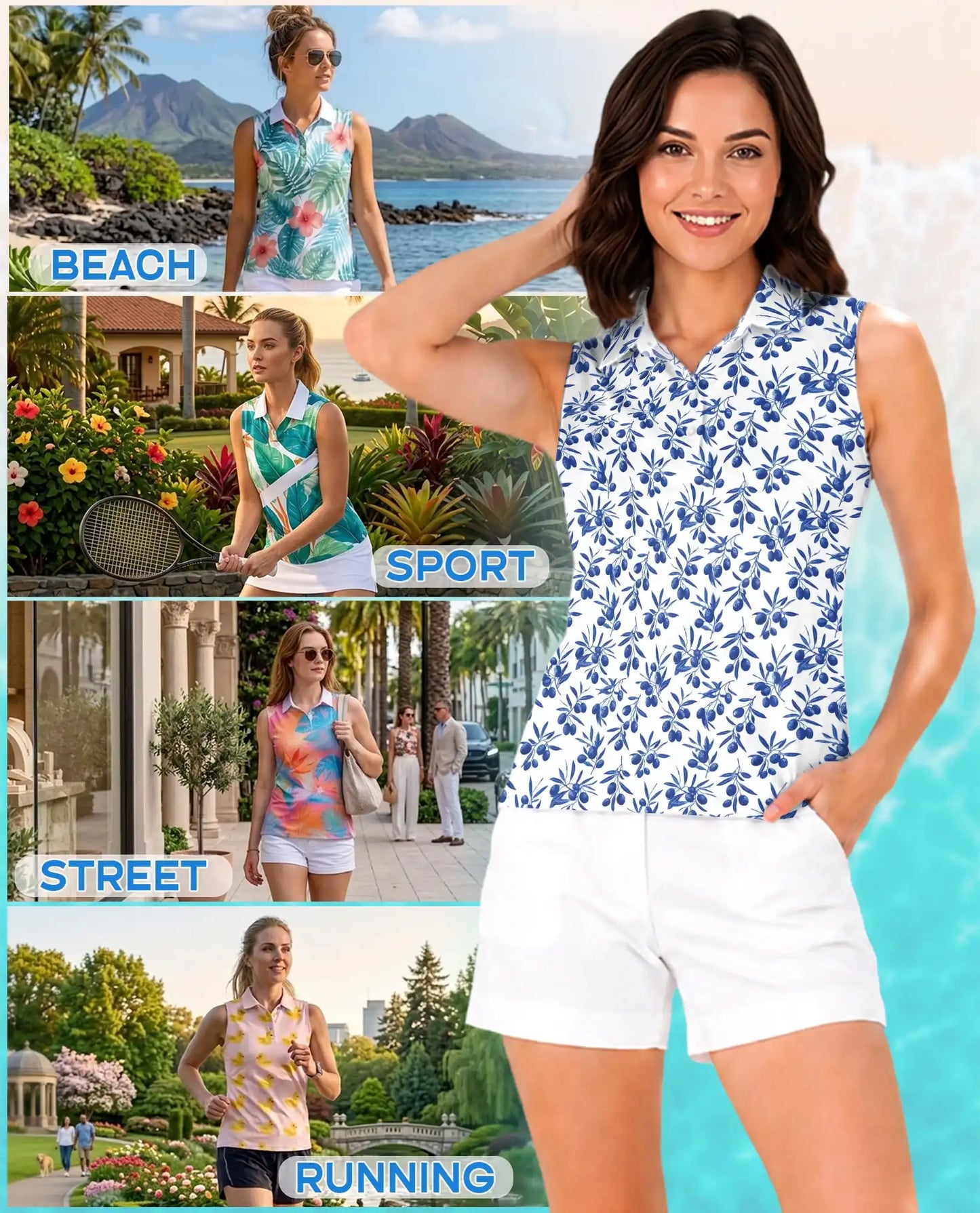 Blue Olive Branch Print Sleeveless Polo Shirt for Women | Azhawaiian