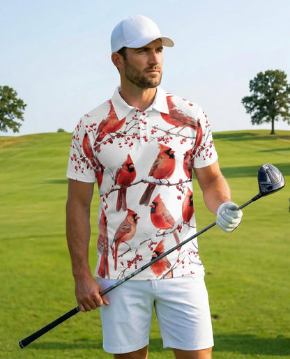 Red Cardinal Polo Shirt - Winter Songbird Nature Style | Azhawaiian