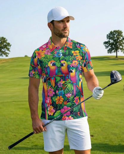 Rainbow Parrot Hawaiian Polo Shirt Tropical Bird Floral Design | Azhawaiian