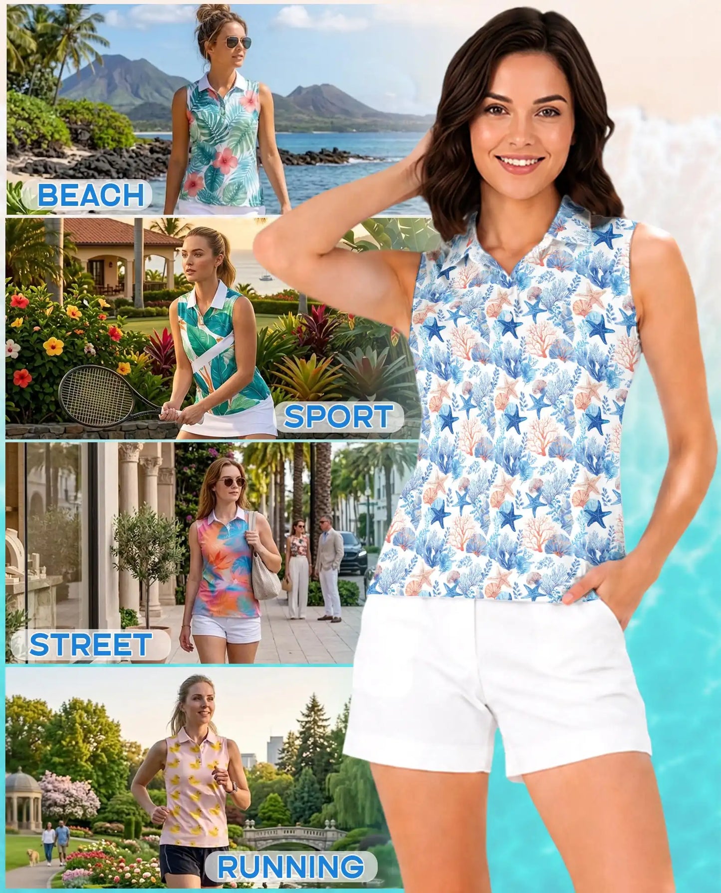 Starfish And Coral Sleeveless Polo Shirt for Women, Ocean Tropical Style | Azhawaiian