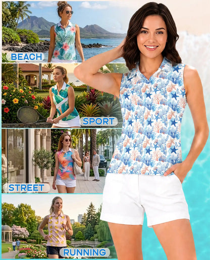Starfish And Coral Sleeveless Polo Shirt for Women, Ocean Tropical Style | Azhawaiian