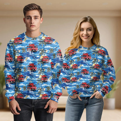 Firefighter Truck Blue Palm Tree Sweatshirt – Tropical 3D All Over Print Design