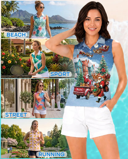 Stay Cool Santa Claus Christmas Sleeveless Polo Shirt for Women | Azhawaiian