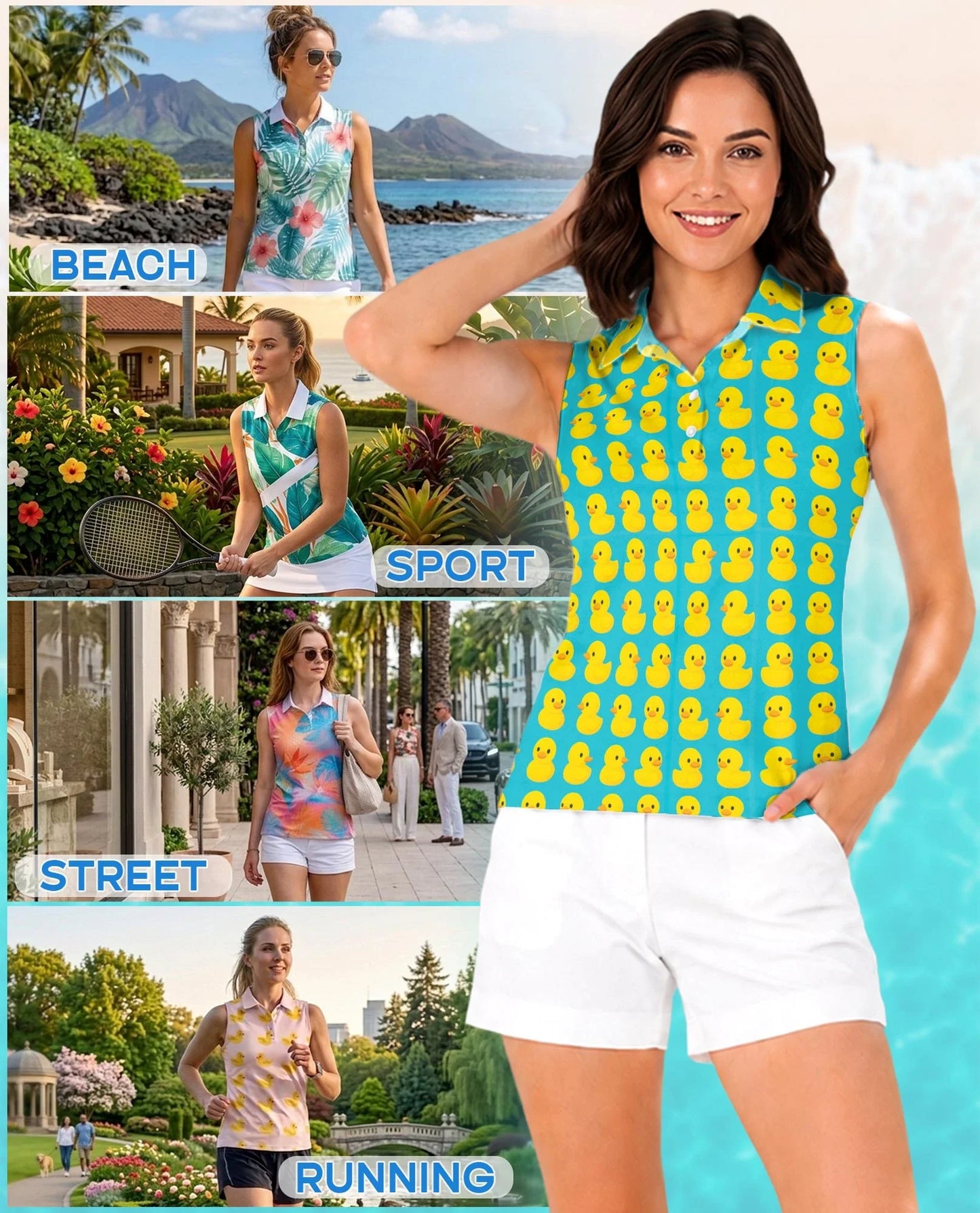Cute Duck Print Sleeveless Polo Shirt for Women, Adorable Animal Style | Azhawaiian