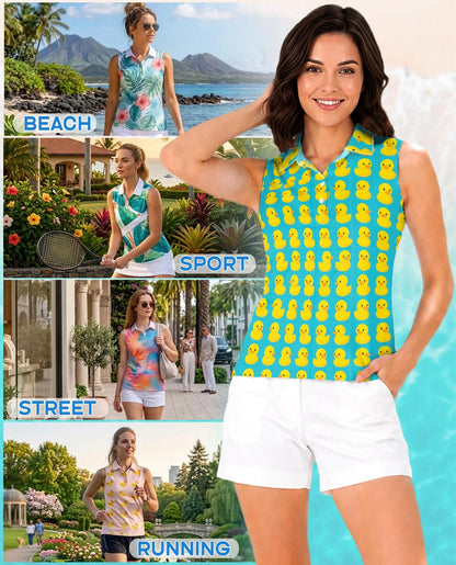 Cute Duck Print Sleeveless Polo Shirt for Women, Adorable Animal Style | Azhawaiian