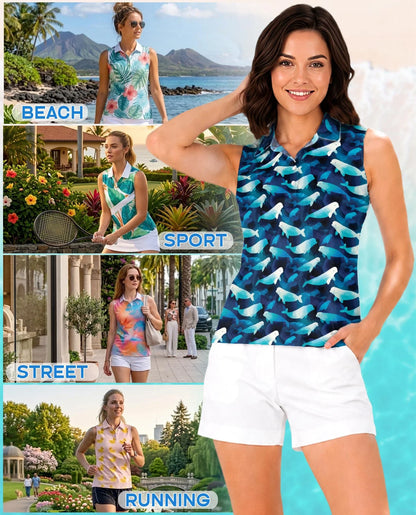 Beluga Whales Sleeveless Polo Shirt for Women, Ocean Animal Style
