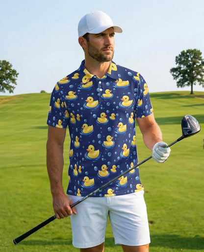 Duck Pattern Polo Shirt for Men, Cute Wildlife Style | Azhawaiian