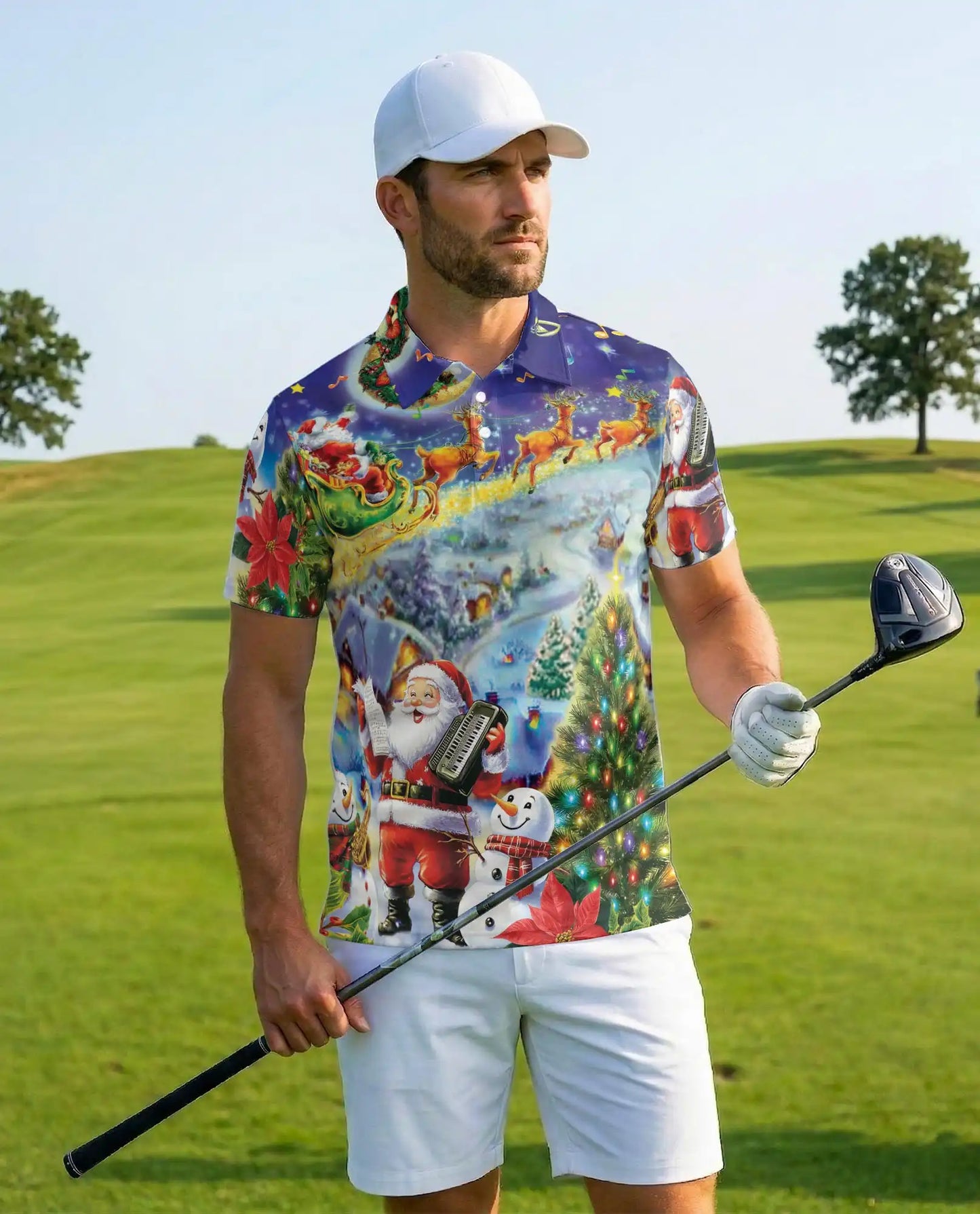 Musical Santa Christmas Polo Shirt for Men - Reindeer Sleigh Xmas | Azhawaiian