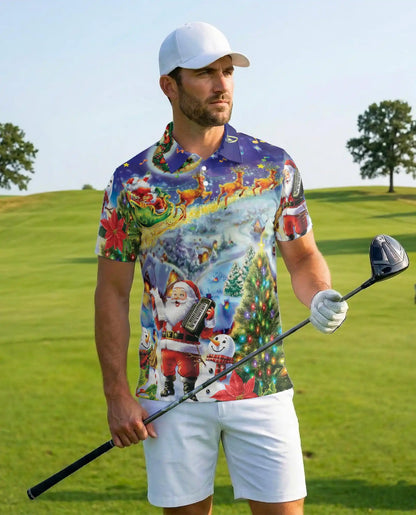Musical Santa Christmas Polo Shirt for Men - Reindeer Sleigh Xmas | Azhawaiian