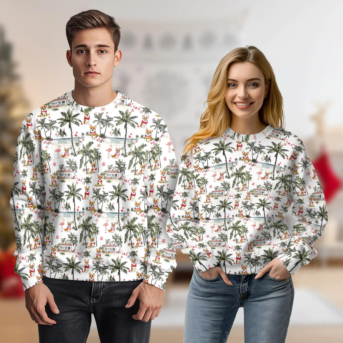 Cute Corgi Palm Trees Tropical Pattern Sweatshirt – Tropical 3D All Over Print Design