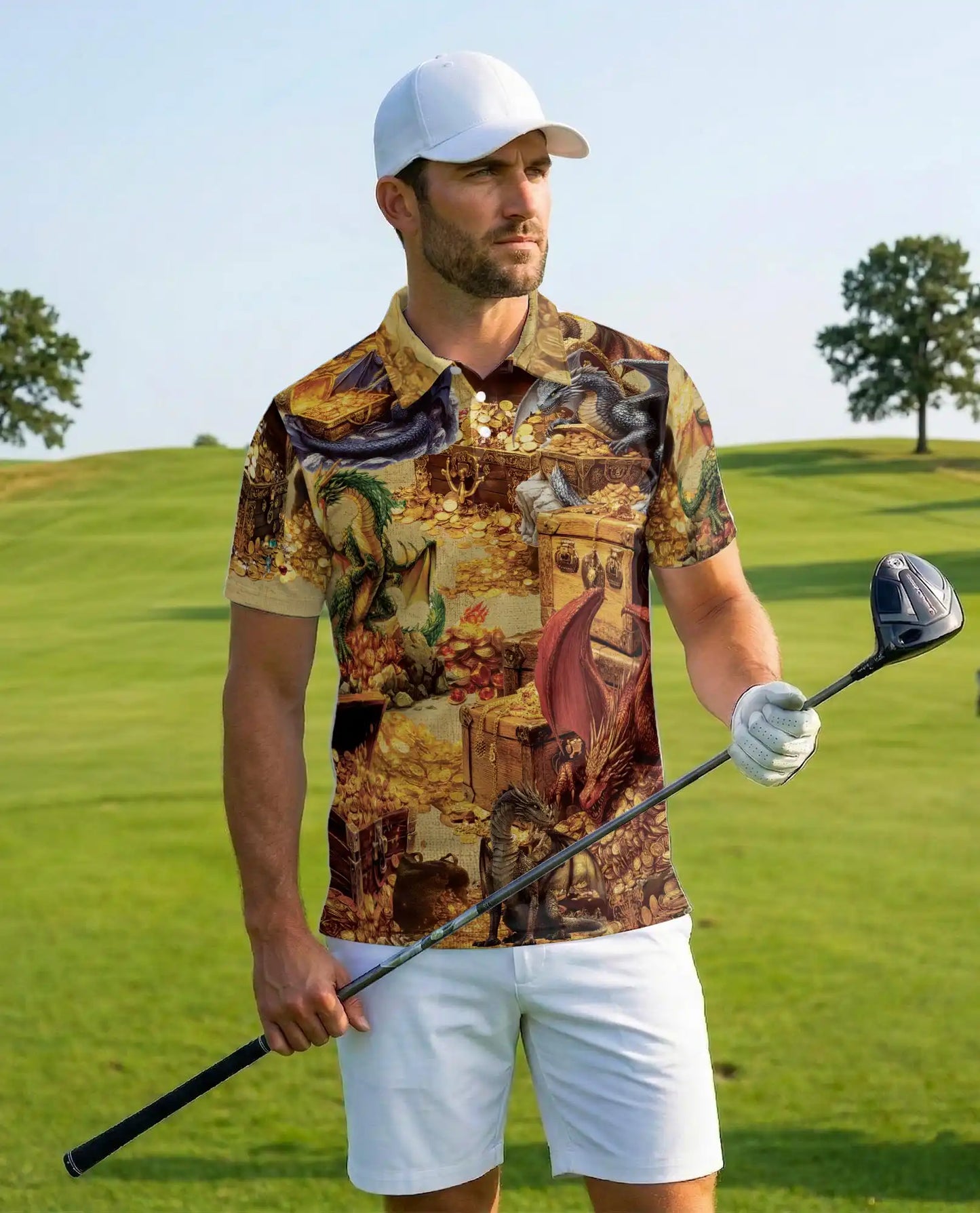 Dragon Treasure Hoard Polo Shirt for Men - Medieval Fantasy Gold | Azhawaiian
