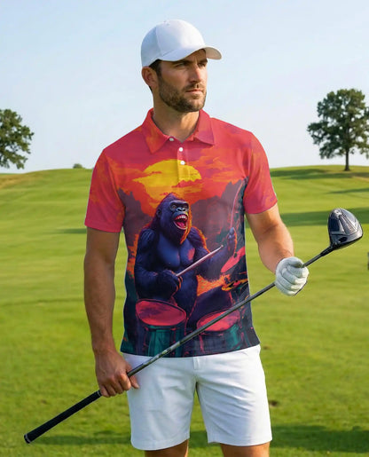 Funny Gorilla Drummer Polo Shirt - Sunset Rock Music Style | Azhawaiian
