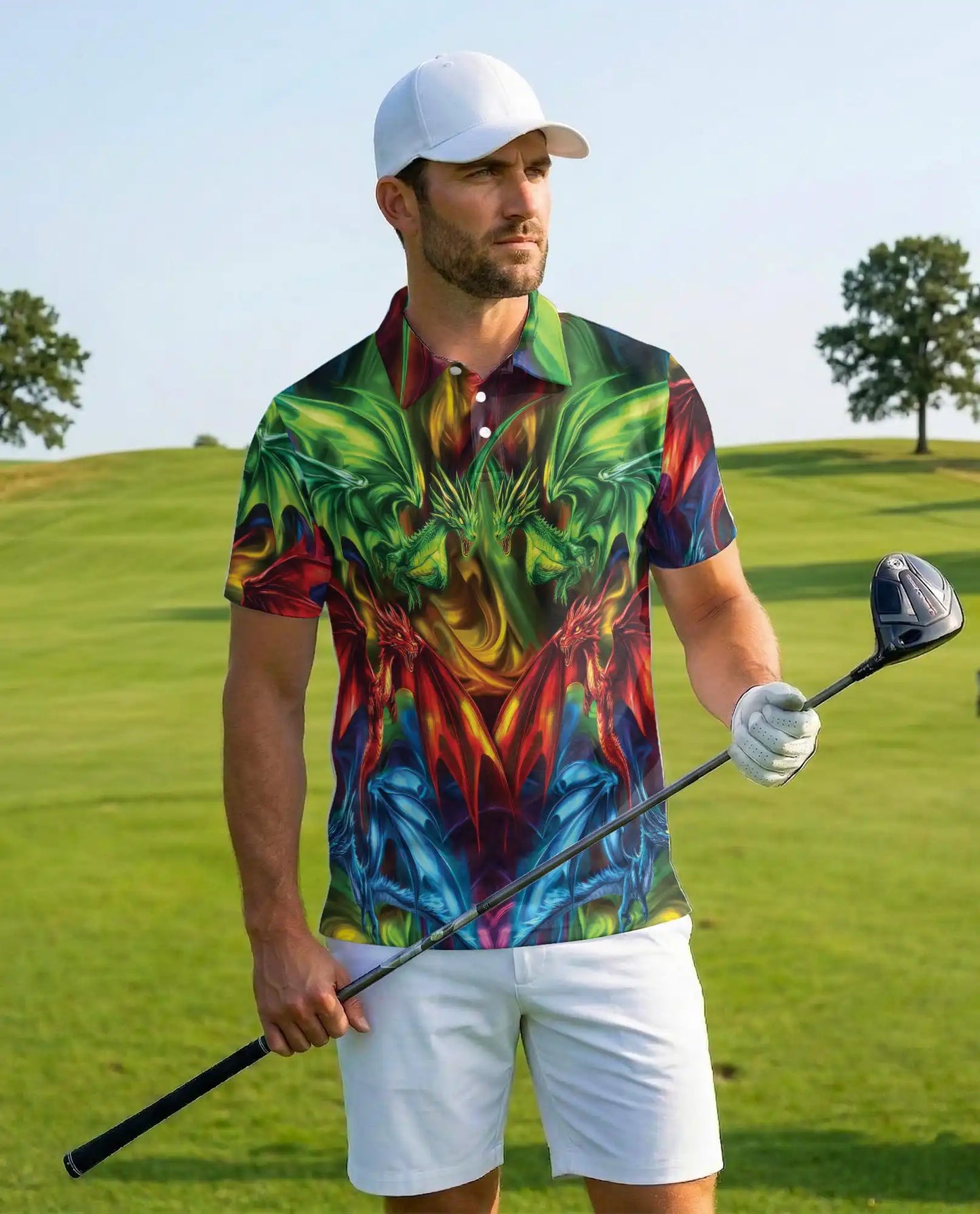 Colorful Fantasy Dragon Polo Shirt for Men - Fire Ice Mythical Dragon | Azhawaiian