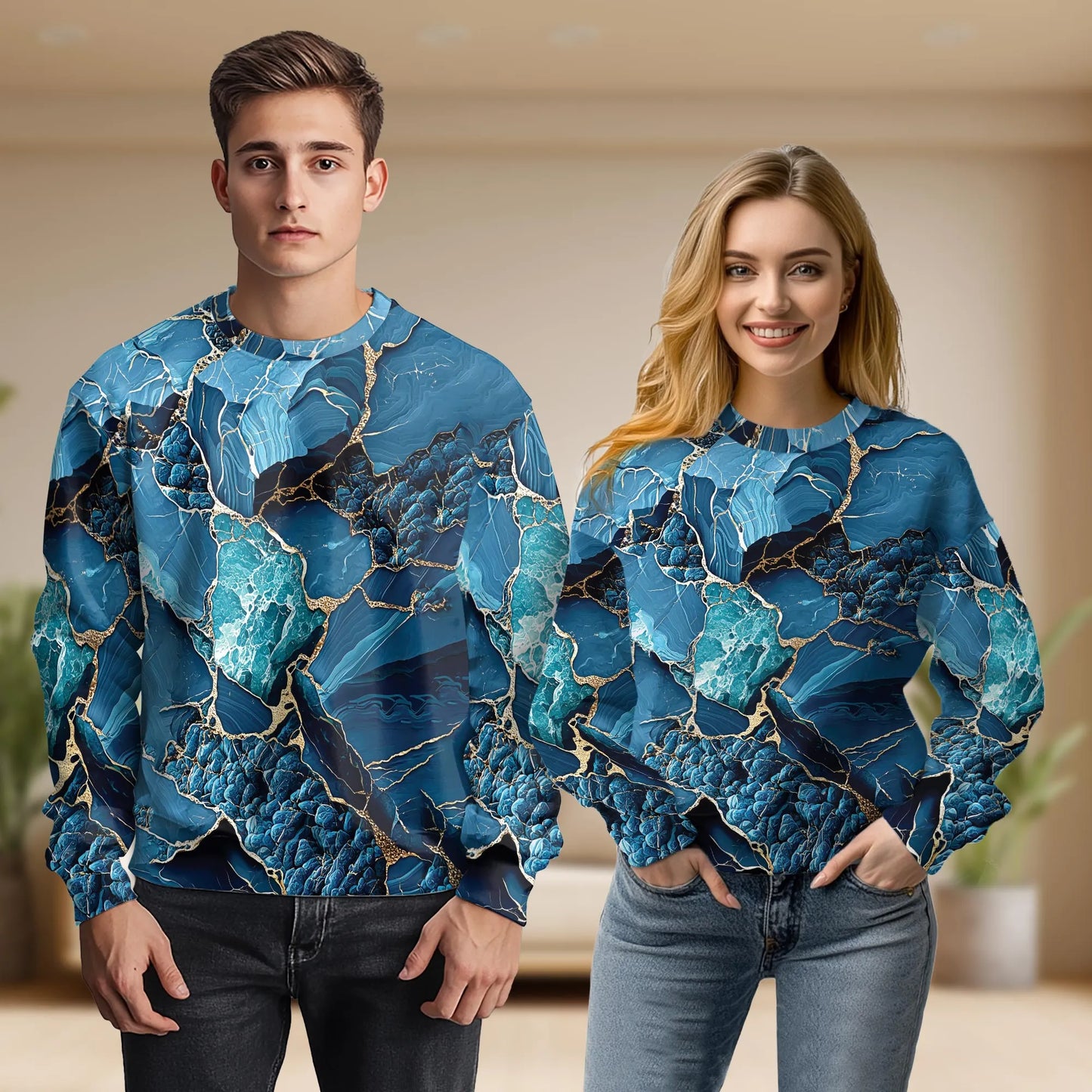 Blue Gold Liquid Marble Sweatshirt – Colorful Graphic 3D All Over Print Design
