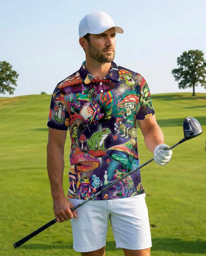 Frog Mushroom Polo Shirt for Men, Colorful Trippy Design | Azhawaiian