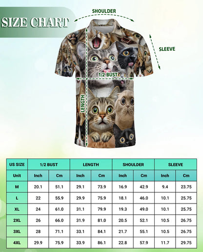 Funny Cat Faces 3D Polo Shirt for Men, Cute Kitty Meme Style | Azhawaiian