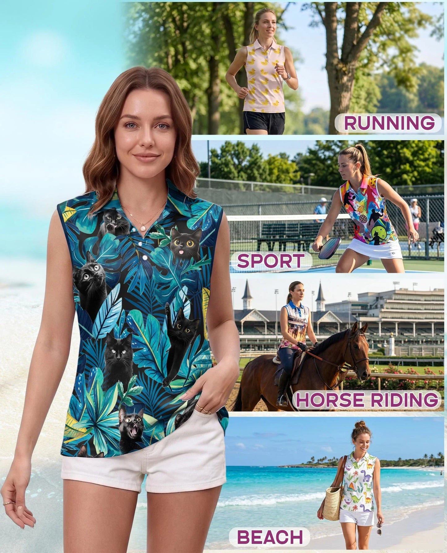 Black Cat Tropical Leaf Sleeveless Polo Shirt for Women | Azhawaiian
