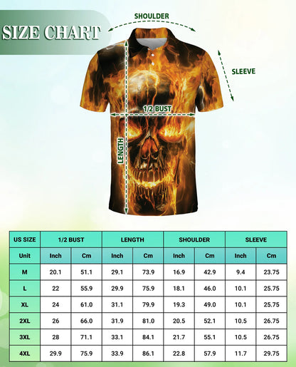 Flaming Skull 3D Polo Shirt for Men, Dark Gothic Fire Style | Azhawaiian