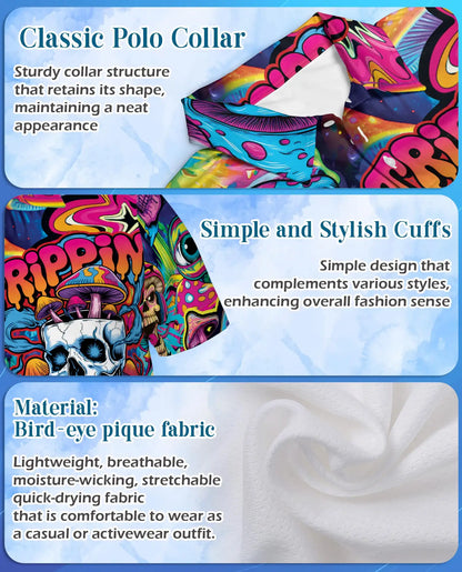 Trippy Psychedelic Skull Polo Shirt for Men, Colorful Mushroom Art | Azhawaiian