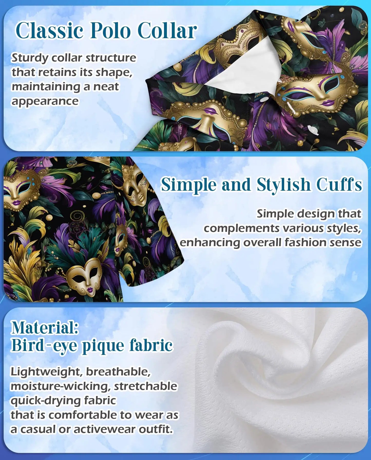 Mardi Gras Carnival Mask Hawaiian Polo Shirt for Men-Purple Green Gold Festival Party Shirt | Azhawaiian